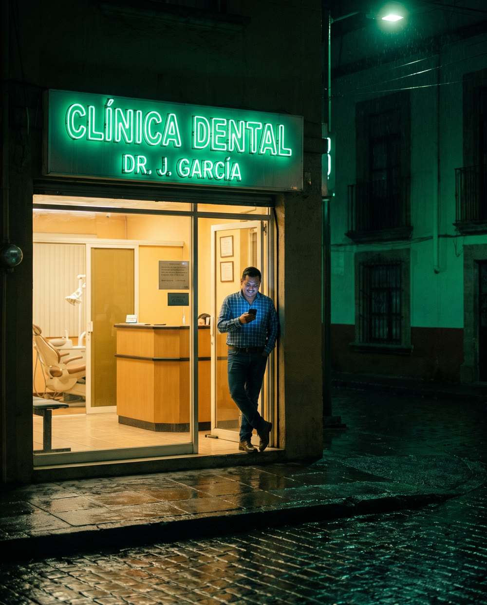 Dueño de una clínica dental revisando su WhatsApp en la entrada de su negocio, de noche